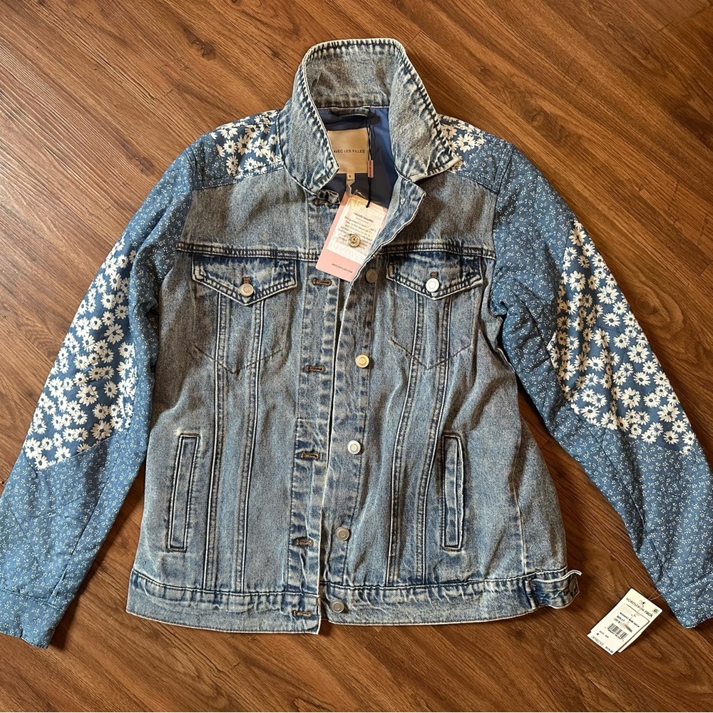 Avec Les Filles Light Blue Denim Jacket with Floral Sleeves